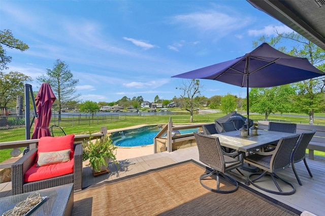 1346 Kiowa Dr E, Lake Kiowa, TX 76240 - view of patio / terrace featuring an outdoor pool, fence, a deck, and outdoor dining area