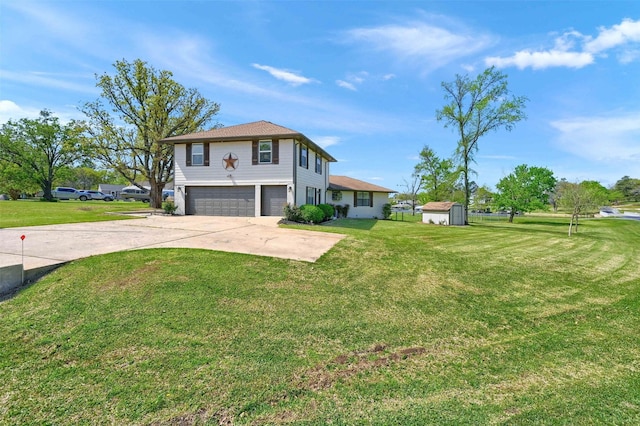 1346 Kiowa Dr E, Lake Kiowa, TX 76240 - view of front facade with a storage shed, a garage, a front yard, and concrete driveway