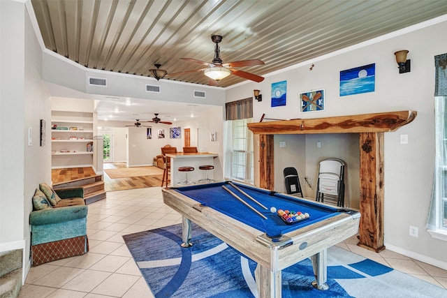 game room featuring pool table, baseboards, light tile patterned floors, a ceiling fan, and visible vents
