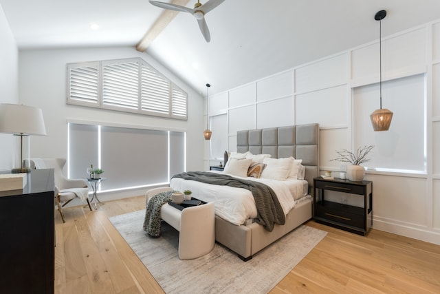4147 Deep Valley Dr, Dallas, TX 75244 - bedroom featuring a ceiling fan, high vaulted ceiling, beam ceiling, and light wood-type flooring