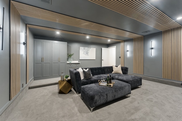 4147 Deep Valley Dr, Dallas, TX 75244 - home theater room featuring light colored carpet, recessed lighting, baseboards, and visible vents
