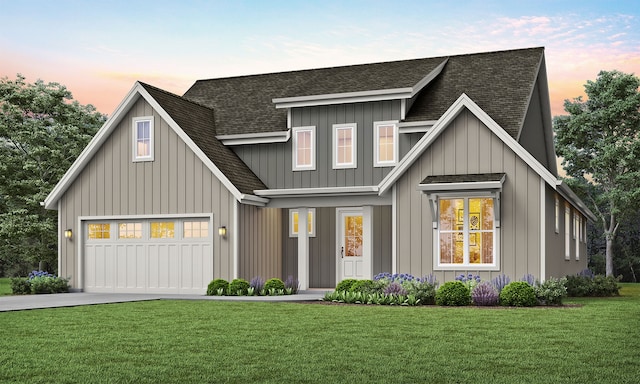702 Colonial Ct, Nevada, TX 75173 - modern farmhouse featuring driveway, board and batten siding, an attached garage, a front lawn, and a shingled roof
