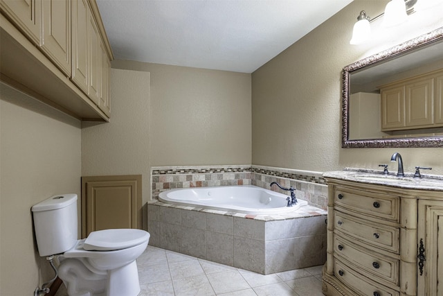 bathroom featuring tile patterned flooring, a garden tub, toilet, and vanity