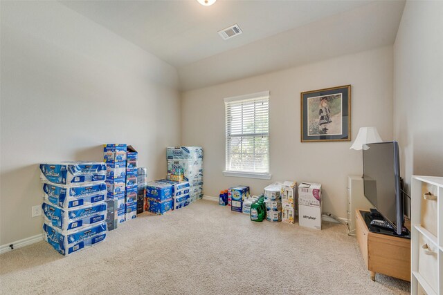 781 Bosley Dr, Fate, TX 75087 - recreation room featuring carpet floors, baseboards, and lofted ceiling