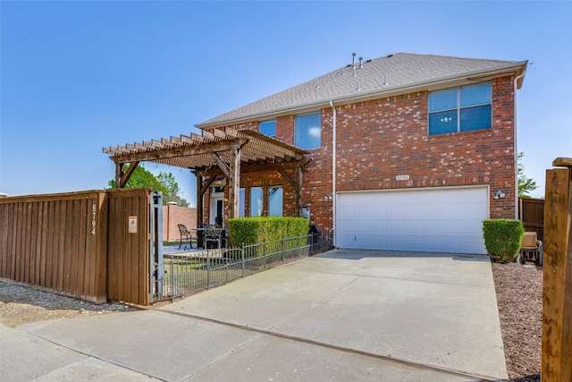 traditional-style home with a garage, brick siding, fence, and concrete driveway