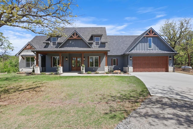 109 Post Oak Cv, Sunset, TX 76270 - craftsman-style home featuring board and batten siding, a front lawn, french doors, a shingled roof, and concrete driveway