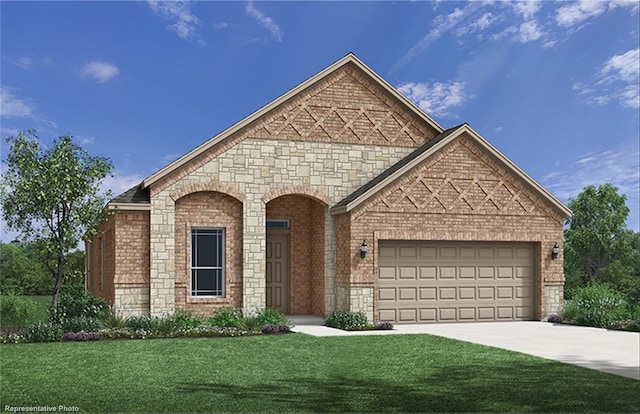 1616 Olympia Ave, Corinth, TX 76208 - view of front of house with brick siding, concrete driveway, a front lawn, and a garage