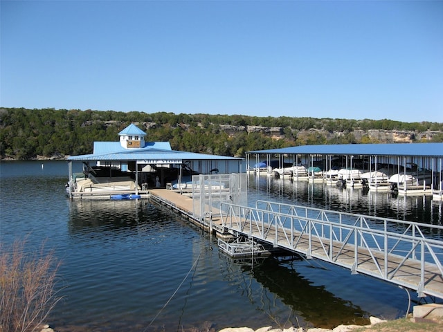 view of dock featuring a view of trees and a water view