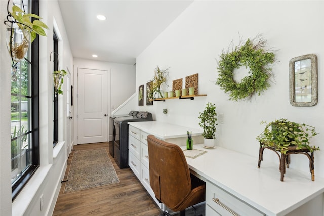 kitchen featuring separate washer and dryer, built in desk, recessed lighting, dark wood-style floors, and white cabinetry