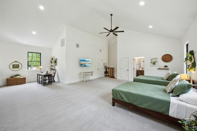 bedroom featuring visible vents, baseboards, recessed lighting, high vaulted ceiling, and light colored carpet