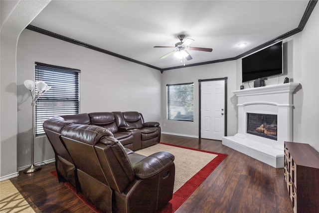 8312 White Hart Dr, Fort Worth, TX 76179 - living room featuring a ceiling fan, wood finished floors, baseboards, and ornamental molding