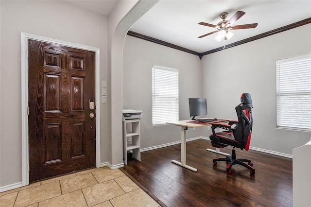8312 White Hart Dr, Fort Worth, TX 76179 - office featuring arched walkways, baseboards, crown molding, and a ceiling fan