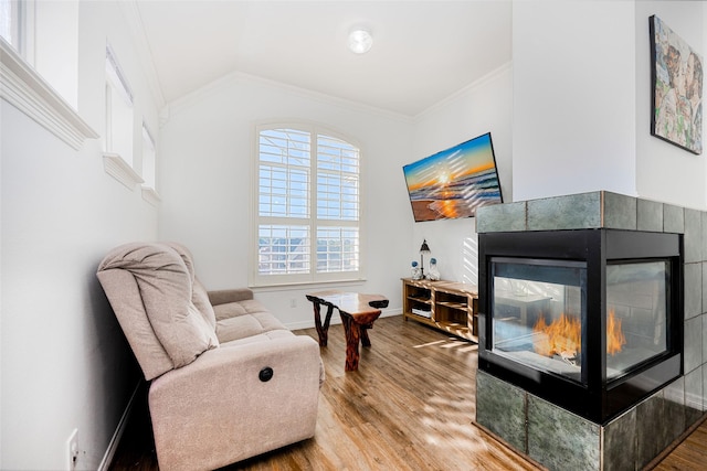 sitting room featuring crown molding, lofted ceiling, wood finished floors, baseboards, and a multi sided fireplace