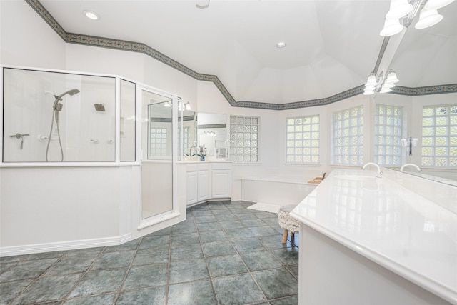 full bath with vanity, a shower stall, recessed lighting, and a bath