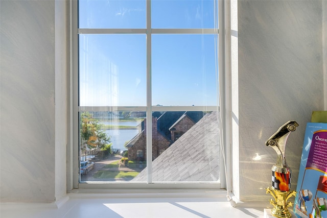 interior details with a water view