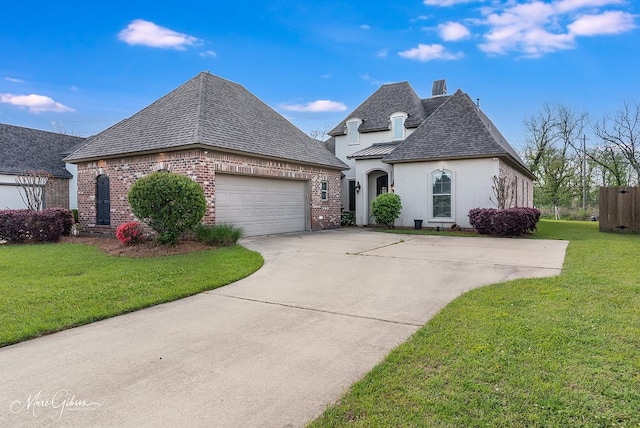 french provincial home with a garage, driveway, stucco siding, and a front lawn