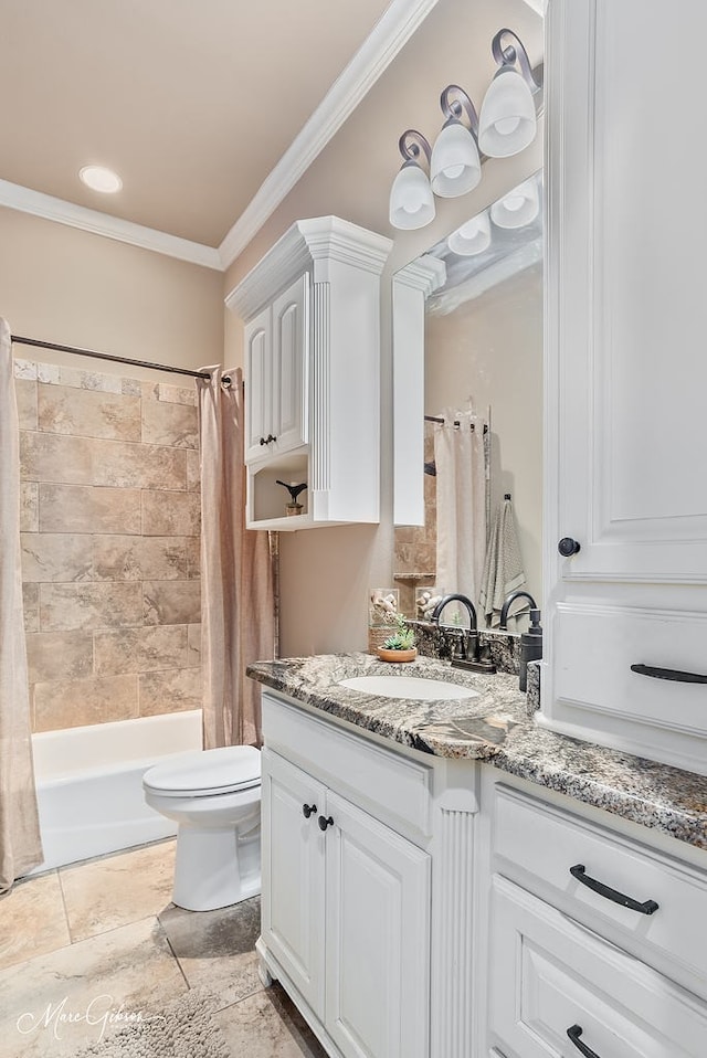 bathroom with shower / bath combo, vanity, ornamental molding, and toilet