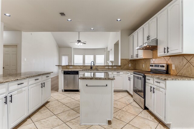 610 Crockett Dr, Lavon, TX 75166 - kitchen with appliances with stainless steel finishes, under cabinet range hood, visible vents, ceiling fan, and a sink