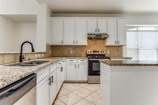 610 Crockett Dr, Lavon, TX 75166 - kitchen with stainless steel dishwasher, stone counters, under cabinet range hood, a sink, and electric stove