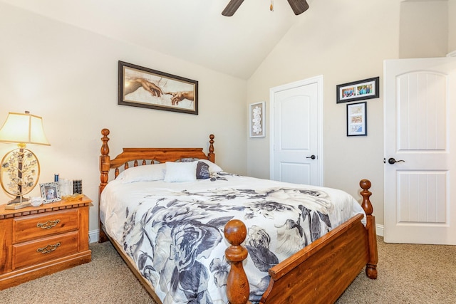 bedroom with lofted ceiling, baseboards, a ceiling fan, and carpet floors