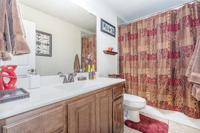 full bathroom with shower / tub combo, vanity, tile patterned flooring, toilet, and visible vents