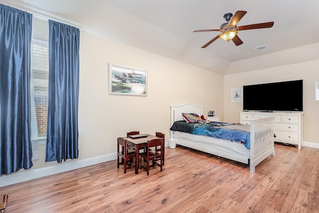 3608 Bright Star Way, Plano, TX 75074 - bedroom featuring light wood finished floors, baseboards, vaulted ceiling, and a ceiling fan