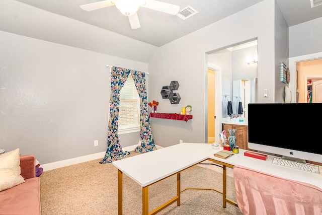 3608 Bright Star Way, Plano, TX 75074 - carpeted office space with lofted ceiling, a ceiling fan, and baseboards