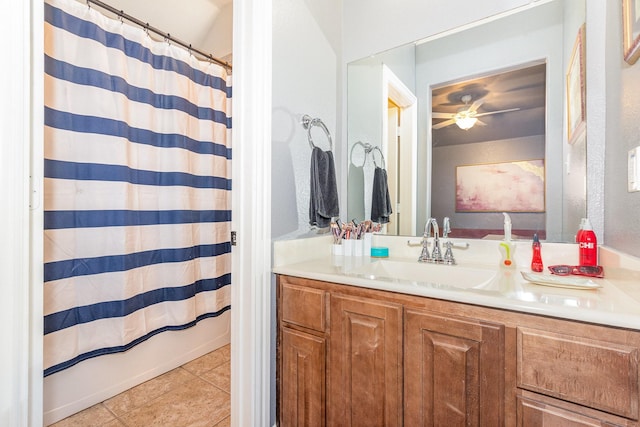 3608 Bright Star Way, Plano, TX 75074 - full bathroom with ceiling fan, vanity, tile patterned floors, and a shower with shower curtain