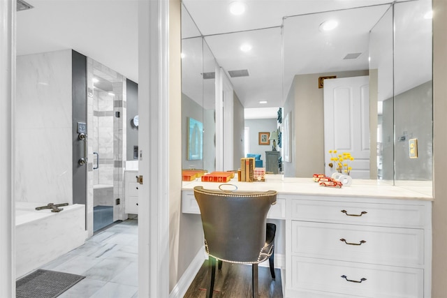6126 Averill Way Unit 203W, Dallas, TX 75225 - full bathroom featuring vanity, a stall shower, a bath, and visible vents