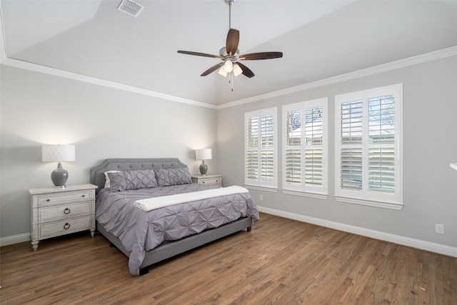 1128 Ellicott Dr, Celina, TX 75009 - bedroom featuring baseboards, wood finished floors, crown molding, a ceiling fan, and vaulted ceiling