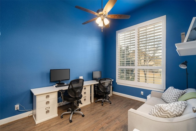 1128 Ellicott Dr, Celina, TX 75009 - office area featuring wood finished floors, baseboards, and a ceiling fan
