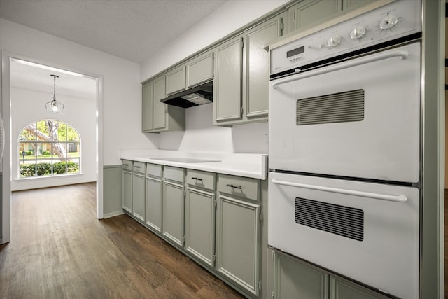6516 Welch Ave, Fort Worth, TX 76133 - kitchen featuring double oven, dark wood finished floors, light countertops, gray cabinets, and a textured ceiling
