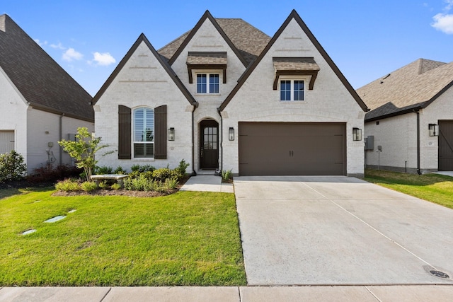 french country home with driveway, brick siding, a front yard, and a garage