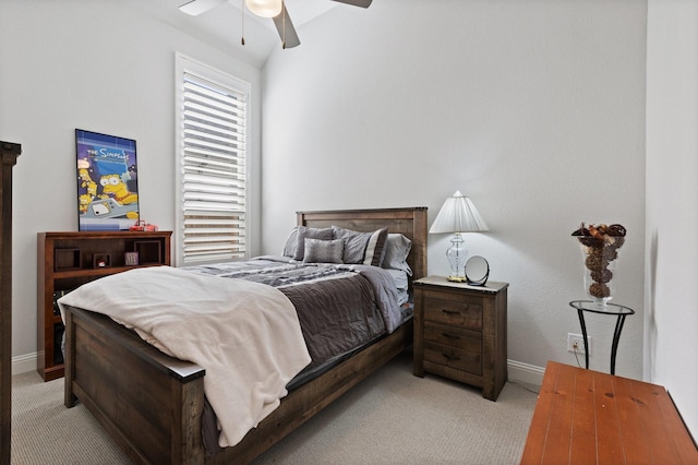 bedroom with ceiling fan, baseboards, and light carpet