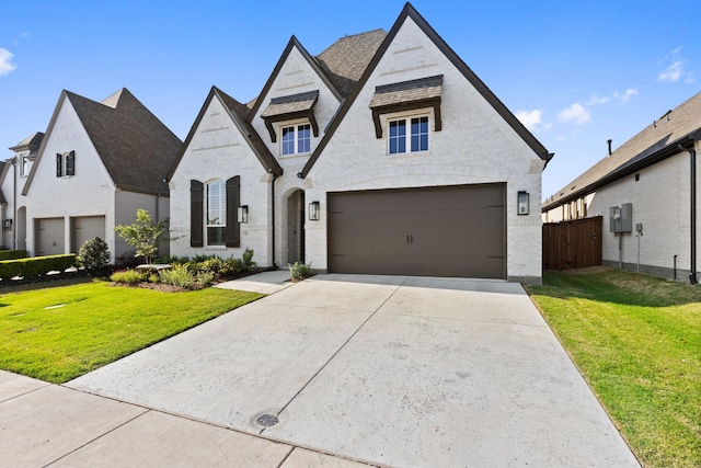 french country style house with concrete driveway, a front lawn, an attached garage, fence, and brick siding