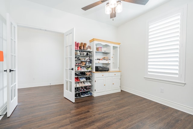 bedroom with dark wood-style flooring, french doors, baseboards, and a ceiling fan