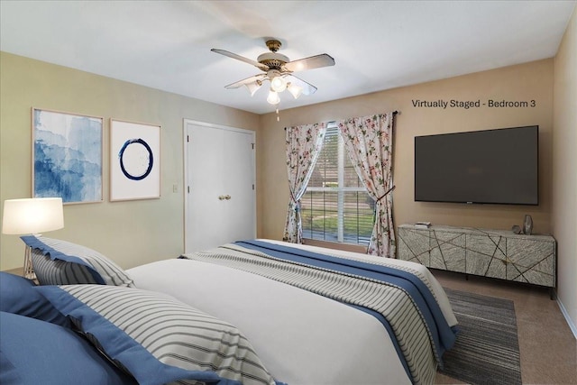 bedroom with carpet flooring and ceiling fan