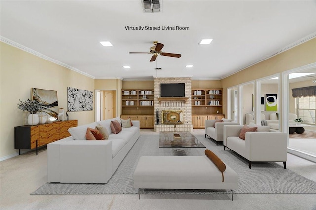 carpeted living area featuring crown molding, ceiling fan, a fireplace, visible vents, and baseboards