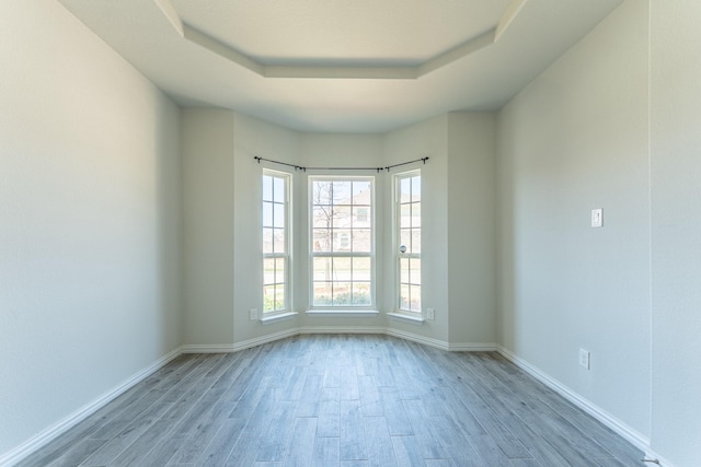 empty room featuring a tray ceiling, wood finished floors, and baseboards