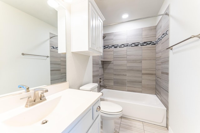 full bathroom featuring vanity,  shower combination, recessed lighting, toilet, and tile patterned floors