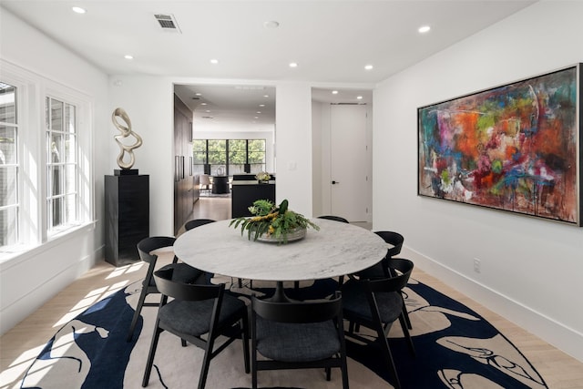 4416 Livingston Ave, Highland Park, TX 75205 - dining space featuring baseboards, light wood-type flooring, visible vents, and recessed lighting