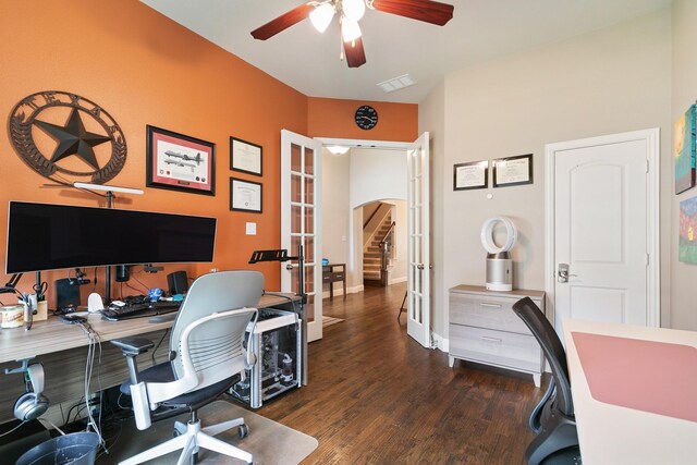 745 Sandbox Dr, Little Elm, TX 76227 - home office with ceiling fan, wood finished floors, arched walkways, french doors, and baseboards