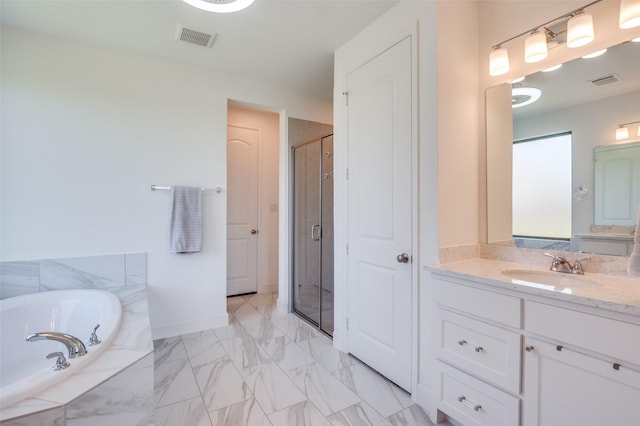 2702 Middleton Dr, Melissa, TX 75454 - bathroom with a shower stall, a bath, vanity, visible vents, and marble finish floor