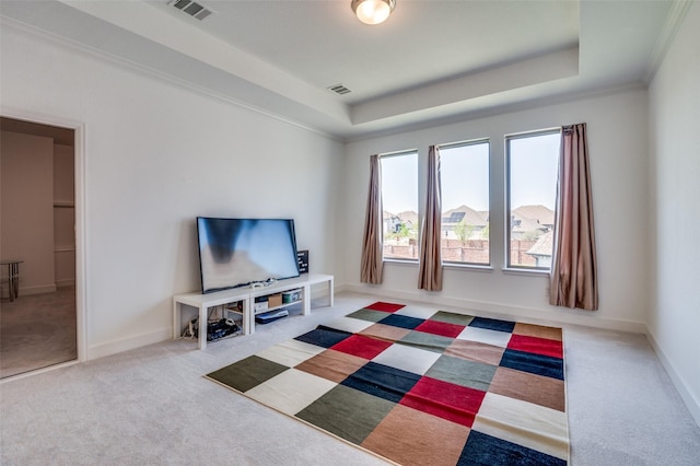 2702 Middleton Dr, Melissa, TX 75454 - living room with a raised ceiling, carpet, and visible vents