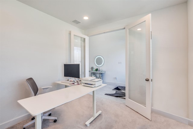2702 Middleton Dr, Melissa, TX 75454 - home office with light carpet, baseboards, visible vents, and recessed lighting