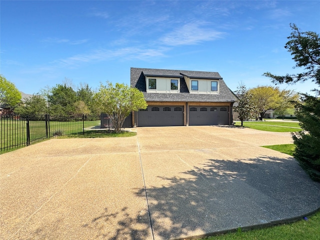 view of property exterior with fence, concrete driveway, and a garage