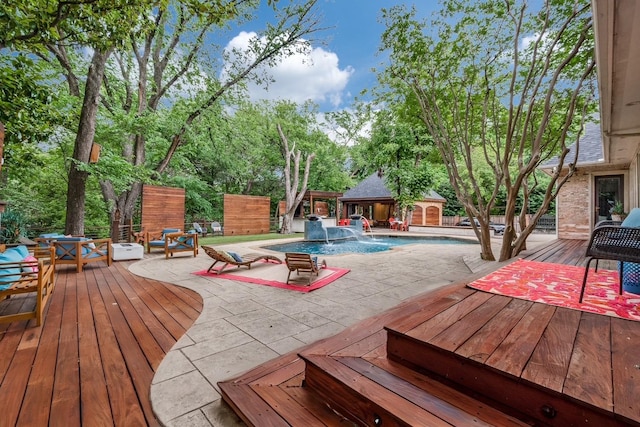 11484 Strait Ln, Dallas, TX 75229 - wooden terrace with an outbuilding, a storage structure, and a patio