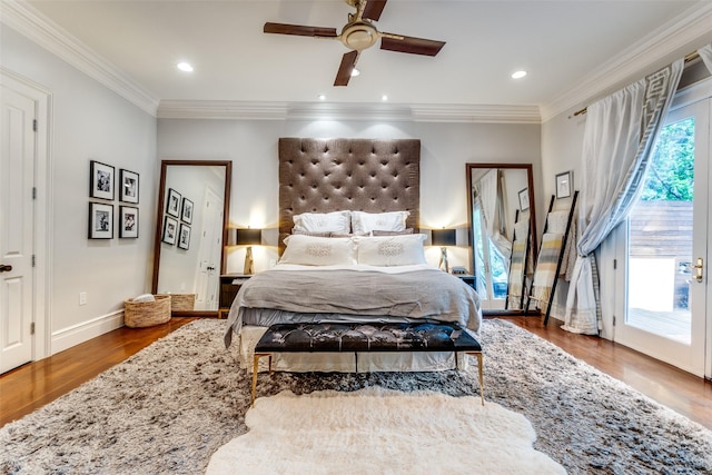 11484 Strait Ln, Dallas, TX 75229 - bedroom featuring access to exterior, ornamental molding, wood finished floors, ceiling fan, and recessed lighting