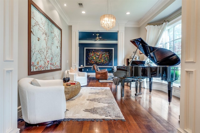 11484 Strait Ln, Dallas, TX 75229 - living area featuring hardwood / wood-style flooring, a ceiling fan, ornamental molding, a chandelier, and recessed lighting