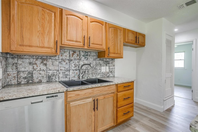 436 Nathan St, Burleson, TX 76028 - kitchen with stainless steel dishwasher, a sink, light wood-style floors, tasteful backsplash, and a textured ceiling